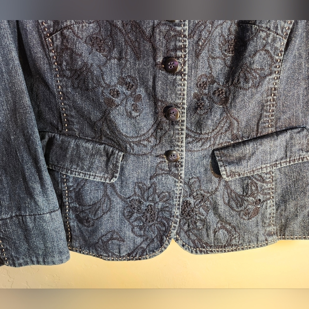 Coldwater Creek Dark Blue Embroidered Jean Fitted Jacket Sz 10p - Picture 4 of 9